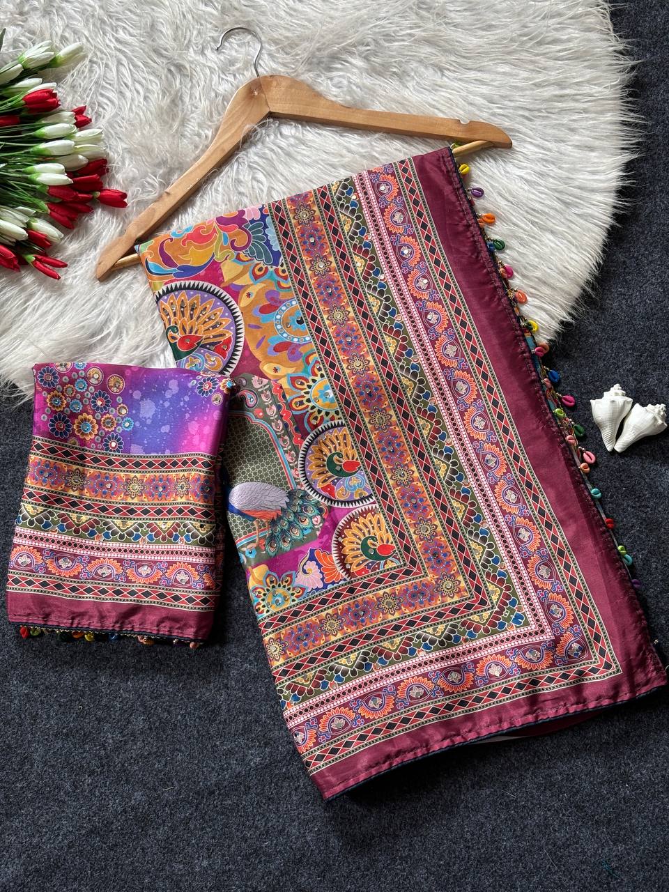 Magenta Purple Artistic Digital Print Modal Silk Saree with Heritage Border, Multicolor Designer Pallu &amp; Tassel Detailing
