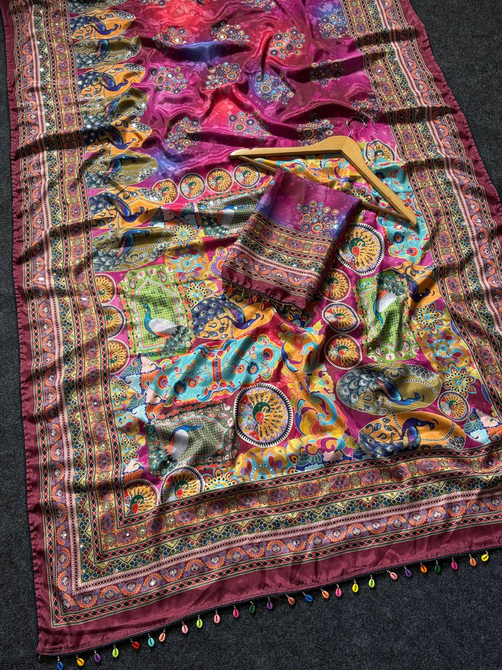 Magenta Purple Artistic Digital Print Modal Silk Saree with Heritage Border, Multicolor Designer Pallu &amp; Tassel Detailing